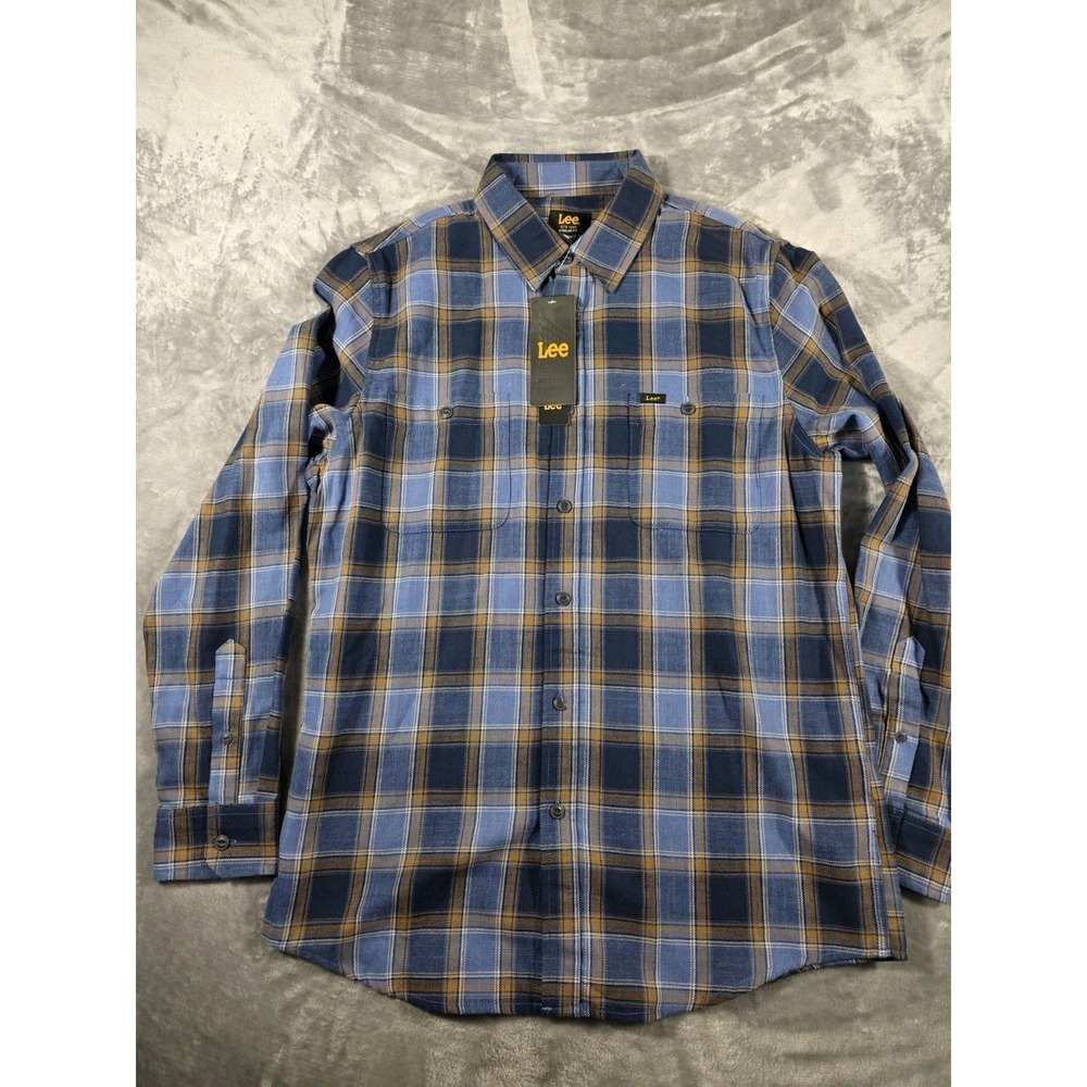 Lee Button Up Blue/Brown Plaid L/S Shirt Regular Fit Men's Medium NWT w/FLAW